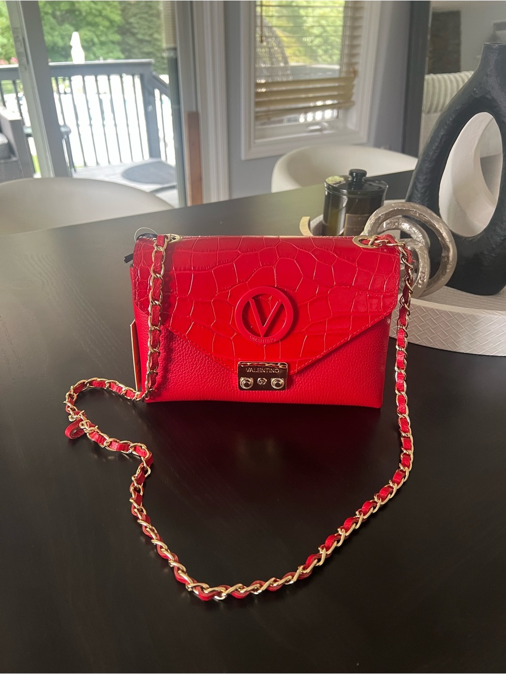 Valentino Red Leather Chain Crossbody Bag with Gold Hardware